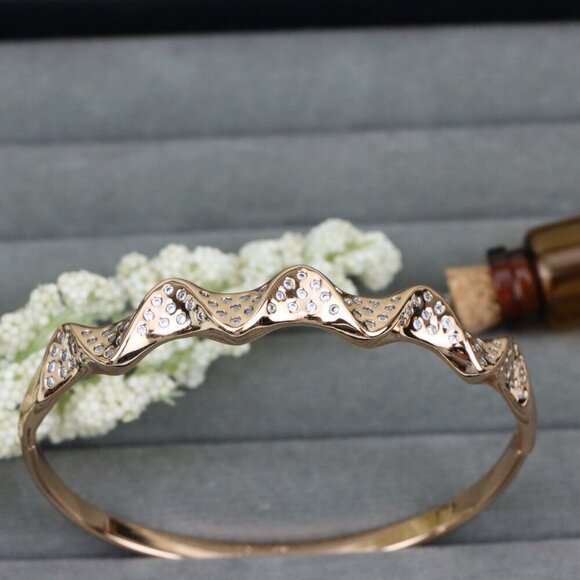 Wave Design Rose Gold Bangle with Crystal Studded Texture Shine, XPBL0475 - Picture 10 of 12